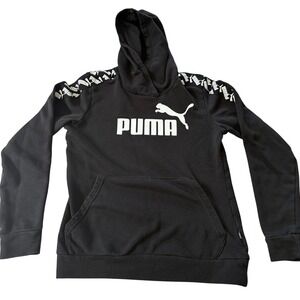 Puma Amplified Pullover Hoodie Boy's Small Black Logo Tape Sweatshirt 581220